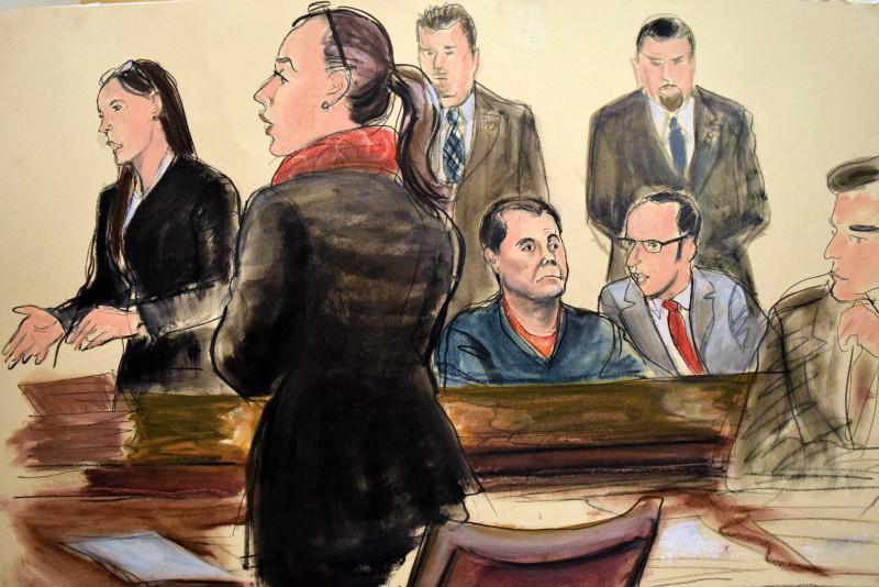 In this courtroom art, Joaquin El Chapo Guzman, seated center, listens as his federal defender Michelle Gelernt, left, and Assistant U.S. Attorney Andrea Goldbarg, second left, talk at his Brooklyn federal court appearance, Friday, Feb. 3, 2017 in New York. Guzman is charged with running a massive drug trafficking operation that laundered billions of dollars and oversaw murders and kidnappings. (AP Photo/Elizabeth Williams)