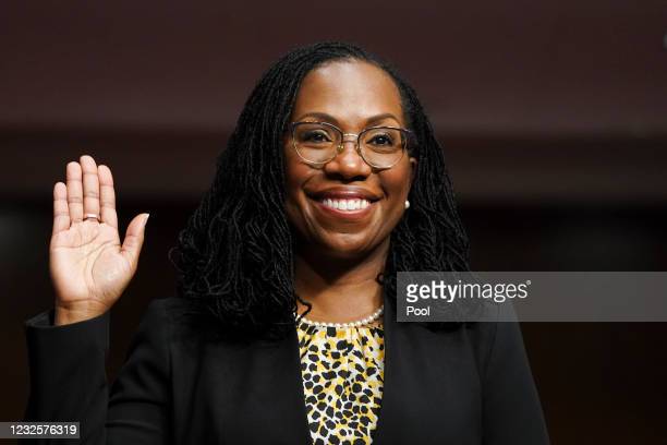 WASHINGTON, DC - APRIL 28: Ketanji Brown Jackson, nominated to be a U.S. Circuit Judge for the District of Columbia Circuit, is sworn in to testify before a Senate Judiciary Committee hearing on pending judicial nominations on Capitol Hill, April 28, 2021 in Washington, DC. The committee is holding the hearing on pending judicial nominations. (Photo by Kevin Lamarque-Pool/Getty Images)