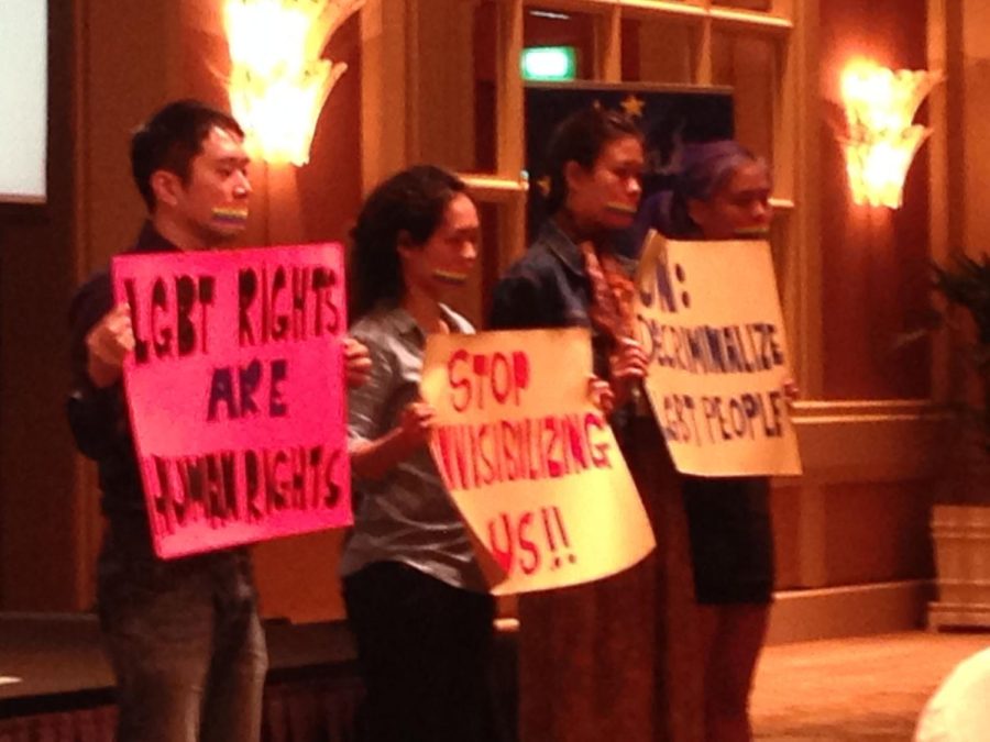 LGBT rights protesters at a seminar marking Human Rights Day organized by the Delegation of the European Union to Singapore entitled The Role of the Judiciary in the Promotion and Protection of Human Rights at the Conrad Centennial Singapore.